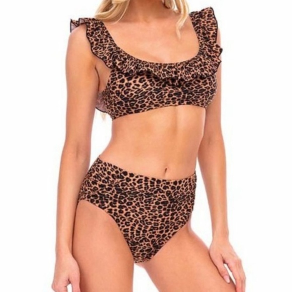 Cabana del Sol size M cheetah print ruffle top full coverage high waist bikini